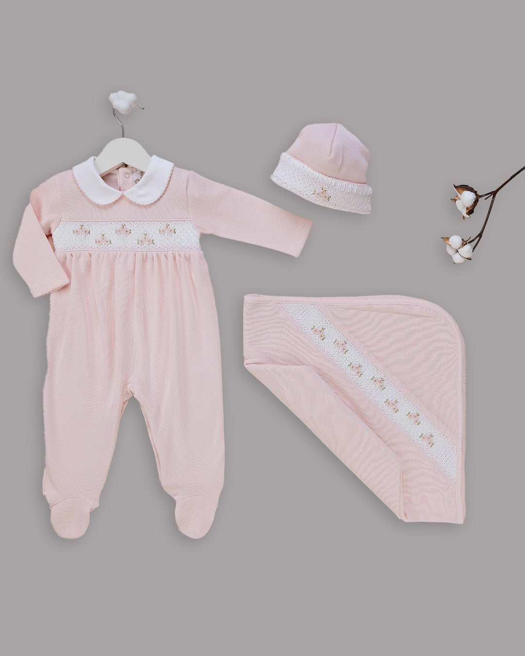 Conjunto de bemvinda com bordado à mão em algodão Pima rosa para bebês mujeres