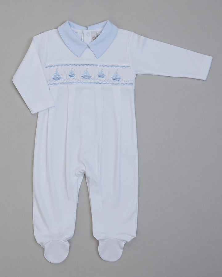 Macacão smock artesanal pima camurça SAILBOAT - Branco/Azul Celeste