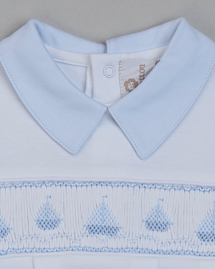 Macacão smock artesanal pima camurça SAILBOAT - Branco/Azul Celeste