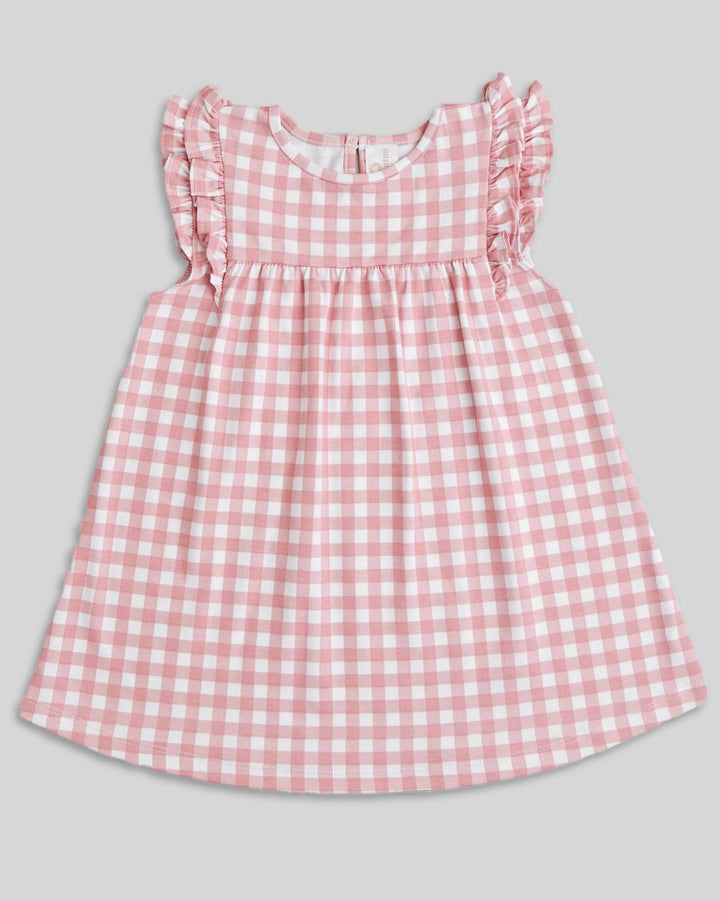Vestido de menina Aurelia em algodão pima – Xadrez pau rosa com mangas com babados