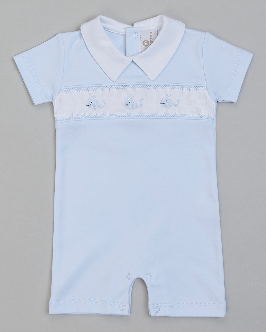 Macacão curto bordado smock pima ponto inglês Baleia - Azul Celeste