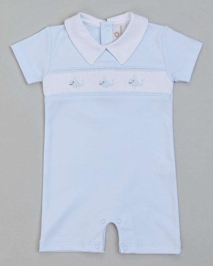 Macacão curto bordado smock pima ponto inglês Baleia - Azul Celeste