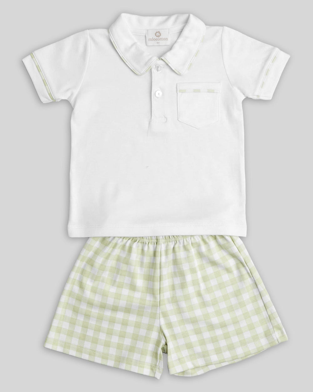 Conjunto de algodão pima para menino com short de xadrez pistache