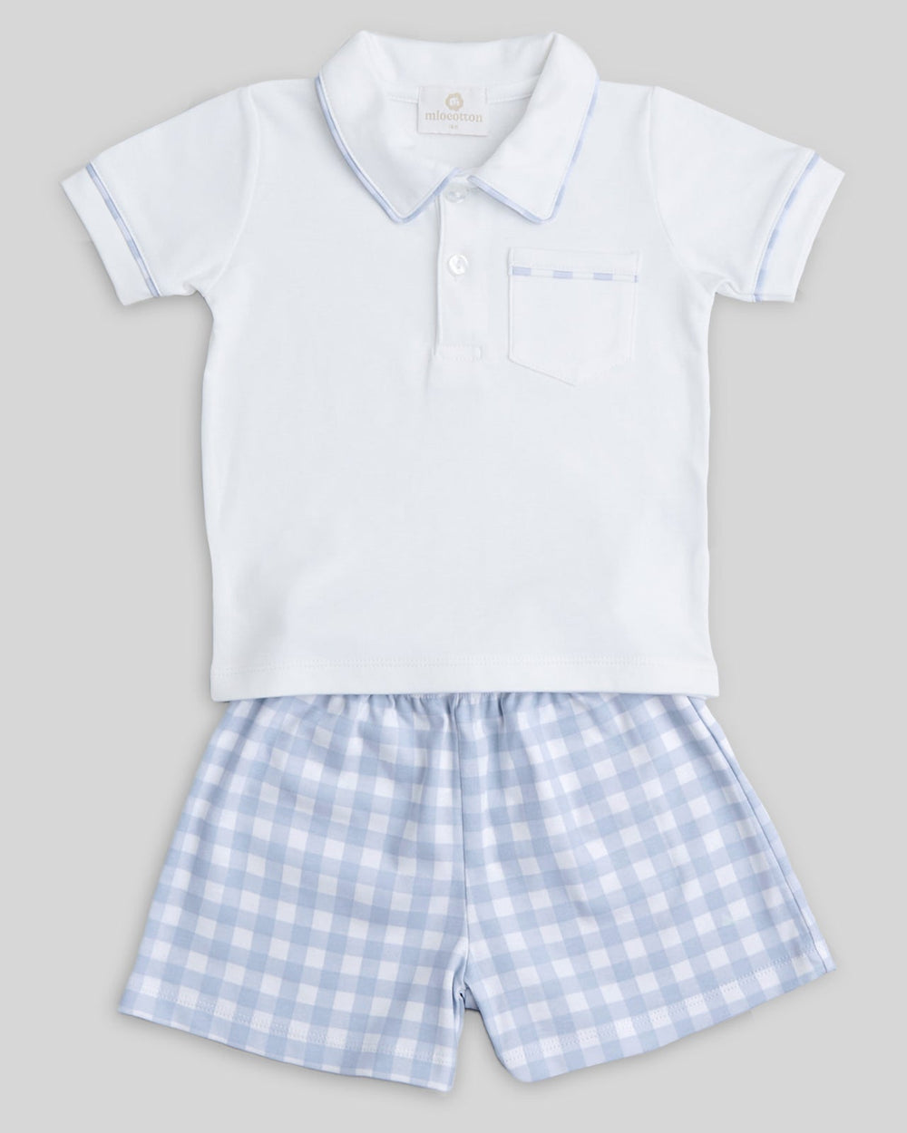 Conjunto para menino de algodão pima com short de xadrez celeste