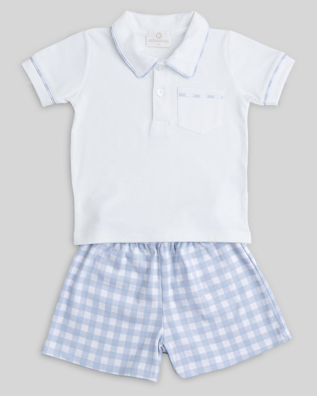 Conjunto para menino de algodão pima com short de xadrez celeste
