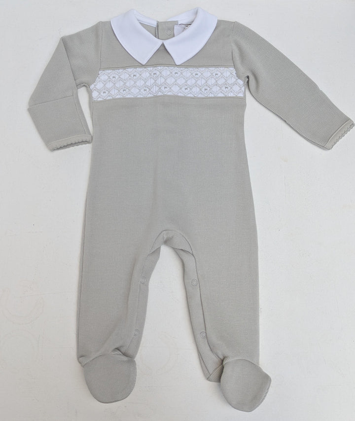 Macacão smock artesanal pima ponto inglês Tarik - Cinza/Branco