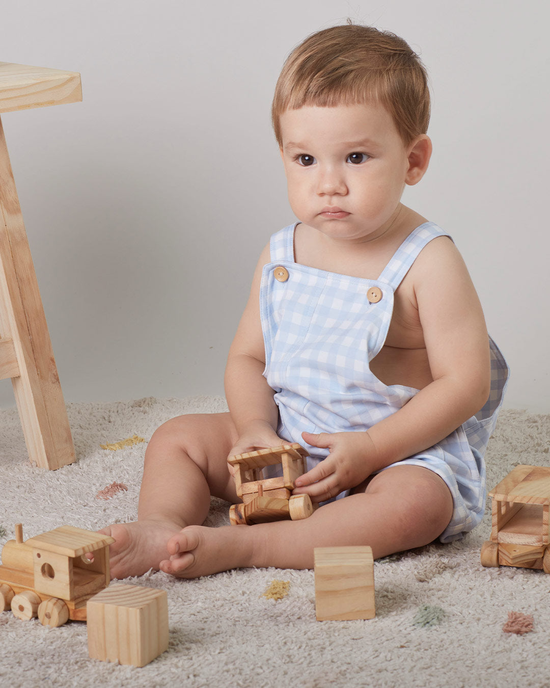 Jardineira para bebê menino Nico - Xadrez Celestes