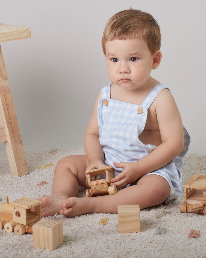 Jardineira para bebê menino Nico - Xadrez Celestes