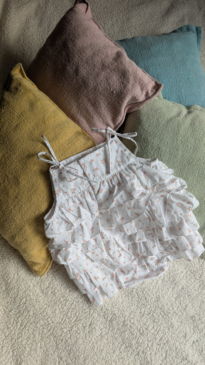 Romper pima popeline Emiliana - Branco/Flores Rosas